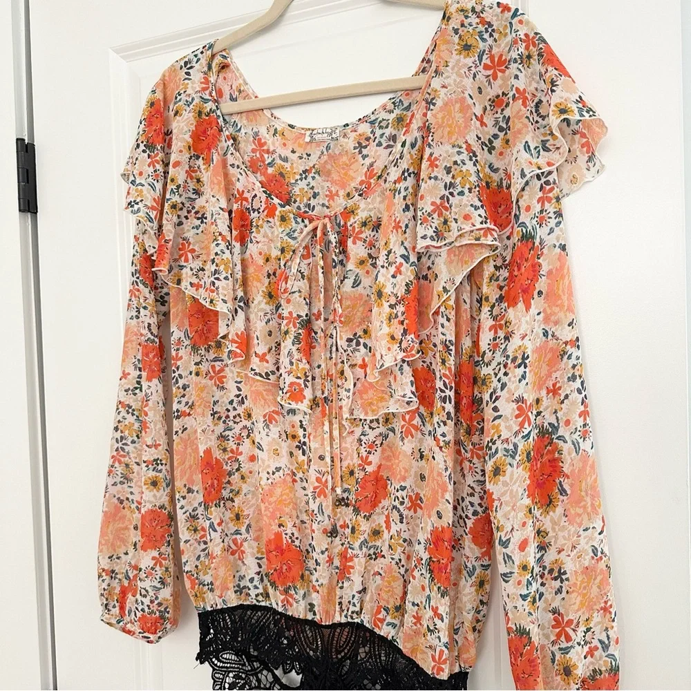 Free People Intimately Free Say It To Me Orange and Cream Bodysuit-Floral Blouse